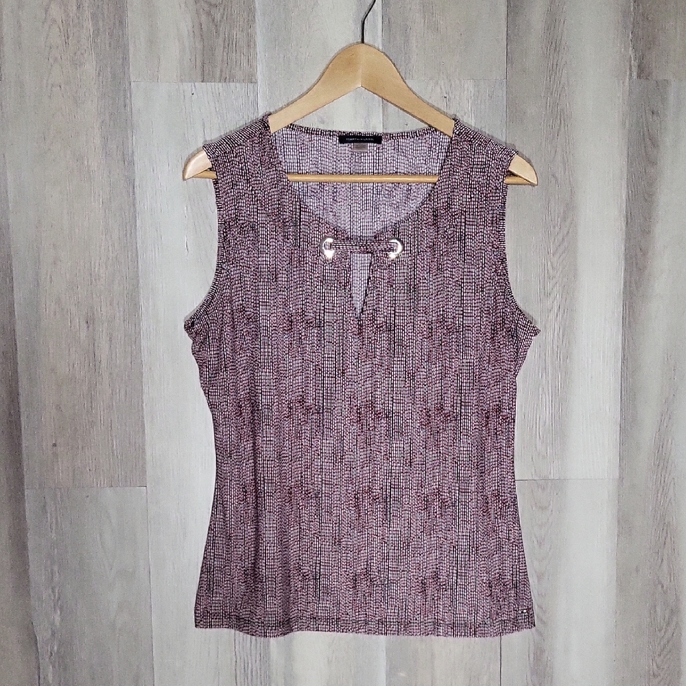 Tommy Hilfiger Womens Large Sleeveless Blouse Red Black White Silky Dotted